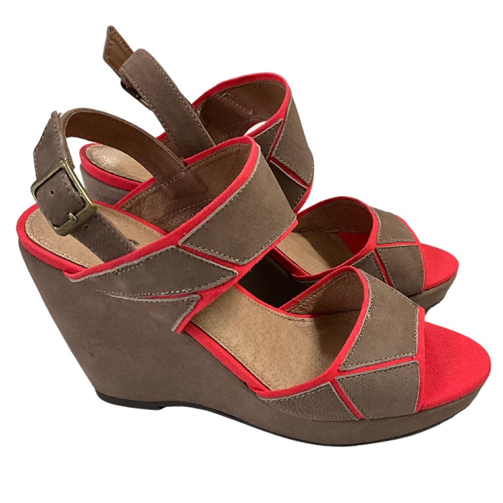 Esska Brown and Coral Wedge Sandals, New in Box